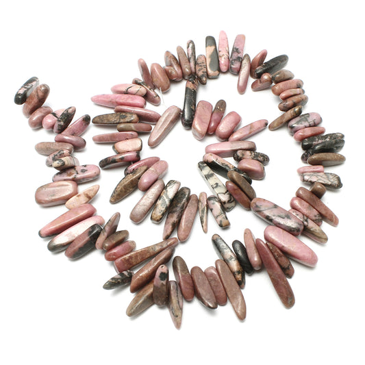 Rhodonite Gemstone Bead Nuggets - 1mm Hole - 15.5 Inch Long Size:5x13x4mm to 8x30x8mm