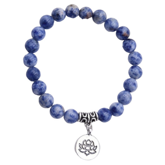 Blue White Spot Gemstone Bracelet with Lotus Charm - 8mm - NEW523