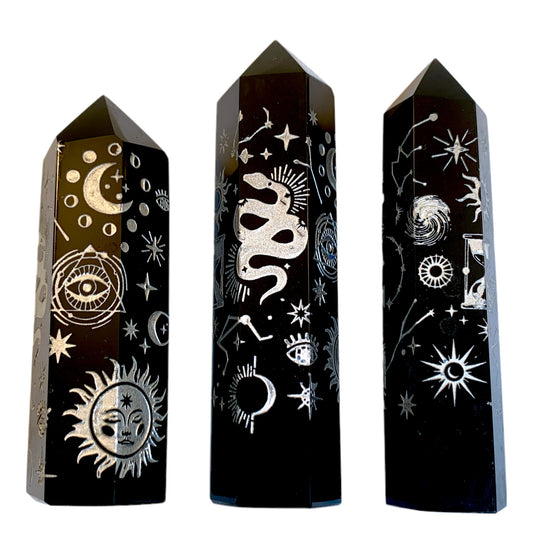 Black Obsidian with Silver Sun & Snake Engraving - Polished Points - 8- 12cm - Price per gram - China - NEW722