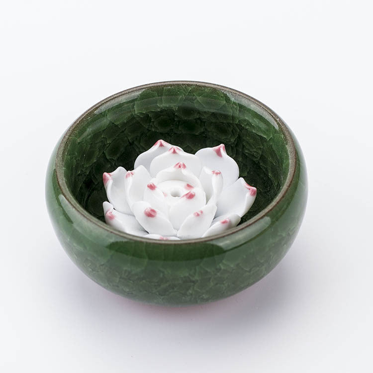 Round Porcelain Incense Burner - Jade - 35mm x 25mm - with inner Flower