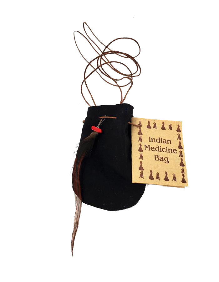 Medicine Dream Bag - Black - 10 Pack - 3x2 with a 18 inch cord -  Soft leather Decorated with a feather and stone - NEW1021