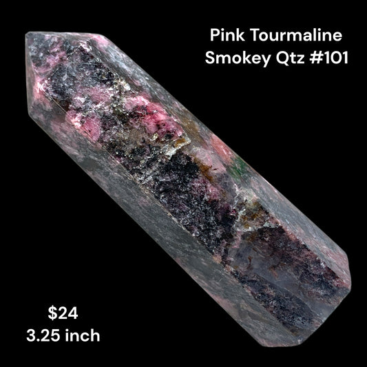 Pink Tourmaline In Smokey Quartz - 3.25 inch - 98g - Polished Points