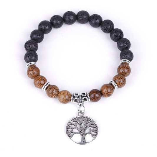 Wood & Lava Bead Bracelet with Tree of Life - 8mm Size 7.3 Inch - NEW521