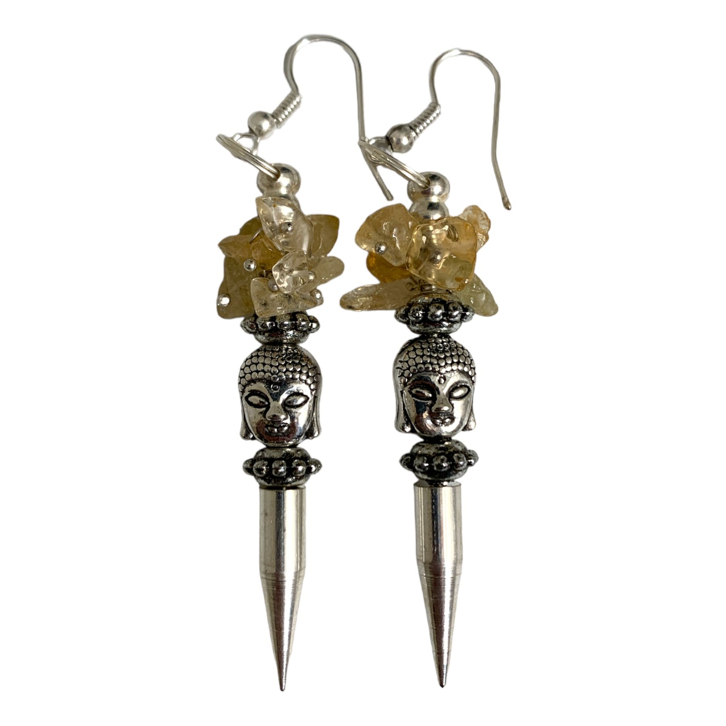 Citrine Buddha Bullet Earrings Silver - 50mm - India - NEW323