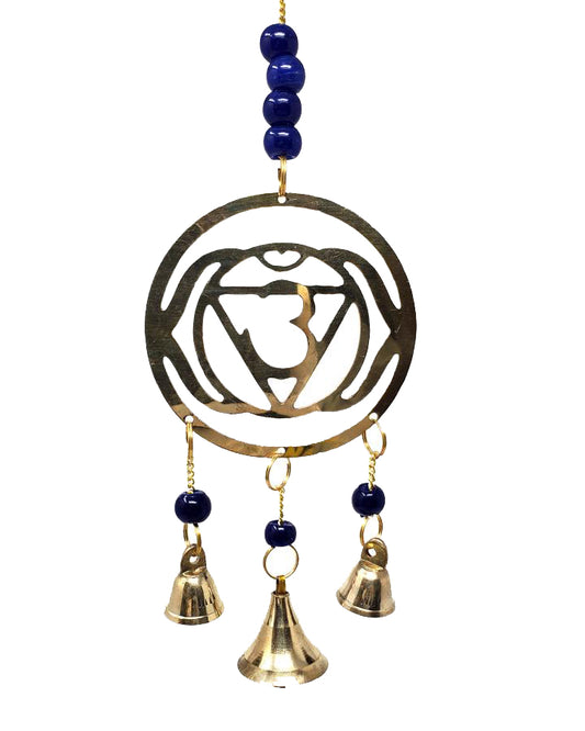 Carillon à vent en laiton Chakra du troisième œil avec perles bleues - 11 pouces - Inde - NEW1121