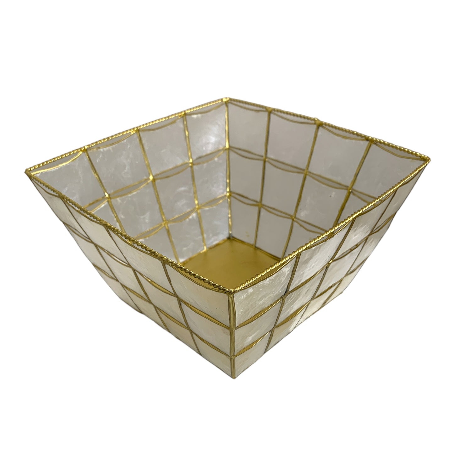 WHITE CAPIZ BASKET W/GOLD - SQUARE 9 inch dia