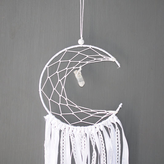 Dream Catcher Cotton Thread & Feathers handmade - White Moon - 15x45cm - NEW1220