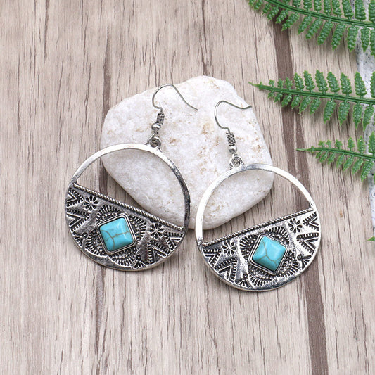 Vintage Bohemian Style Tribal Round Zinc Alloy Drop Earrings with Howelite - silver color plated - 35x59mm - NEW421