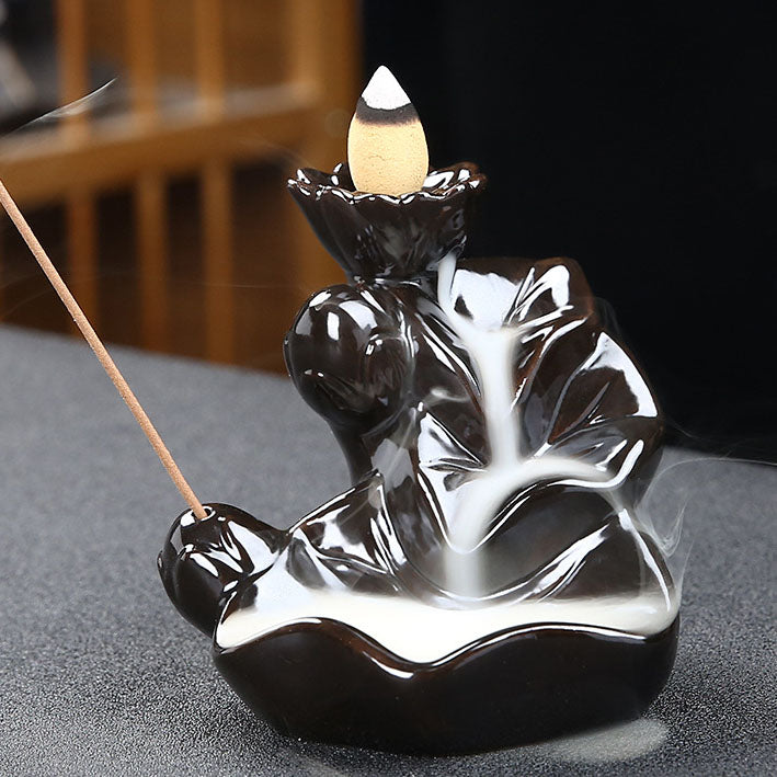 Lotus Flowing Water Porcelain Backflow Incense Burner - Black - 9.5x8.5x9.3cm - China - NEW1122