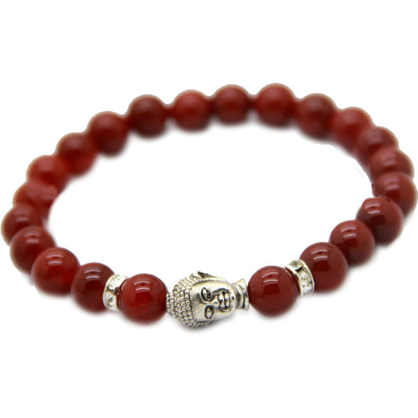 Poignet Mala, pierre précieuse AGATE ROUGE avec alliage de zinc, Bouddha, plaqué couleur argent antique, bijoux naturels et bouddhistes, 8 mm env. 7 pouces