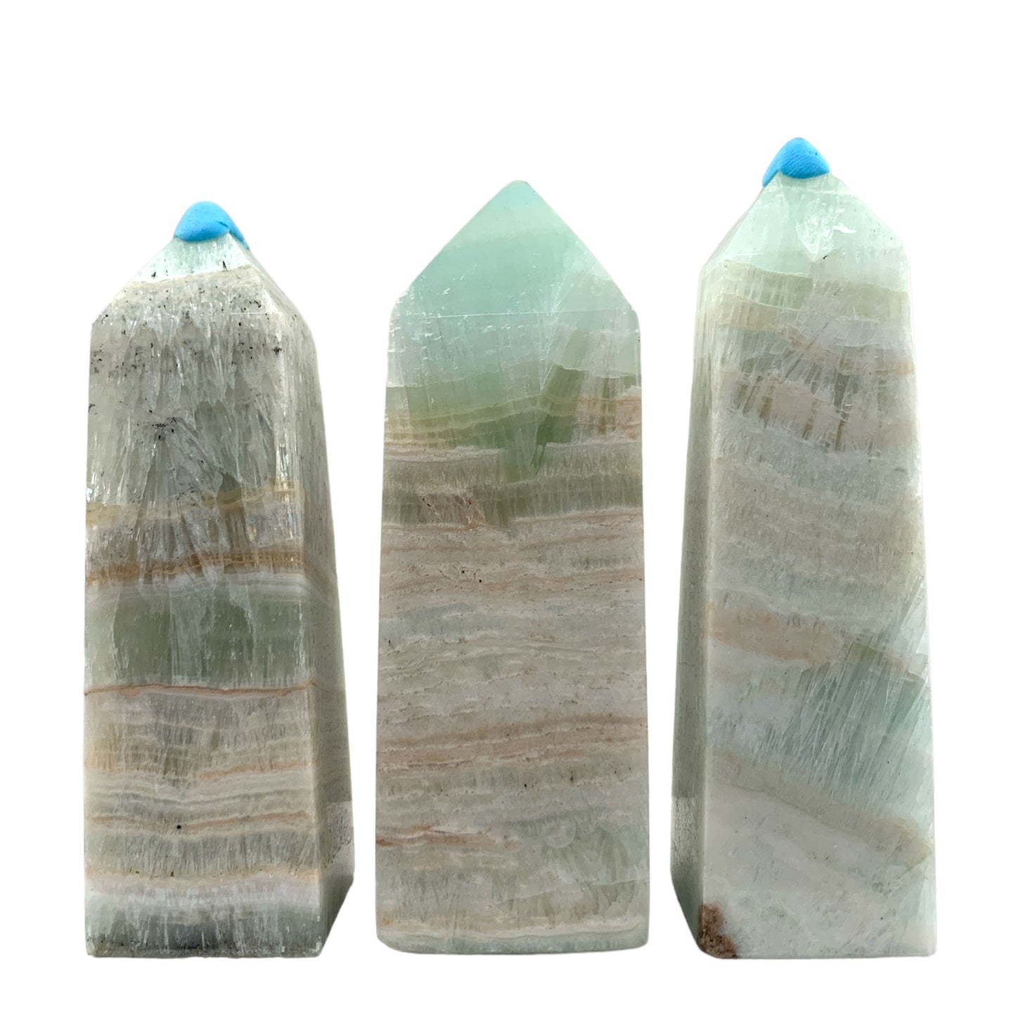 Pistachio Calcite - 75 to 110mm - Price per gram - B2B ordering 1 = 1 Tower so we charge Ex. 187g = $31.80 each - NEW622 - Polished Towers Points