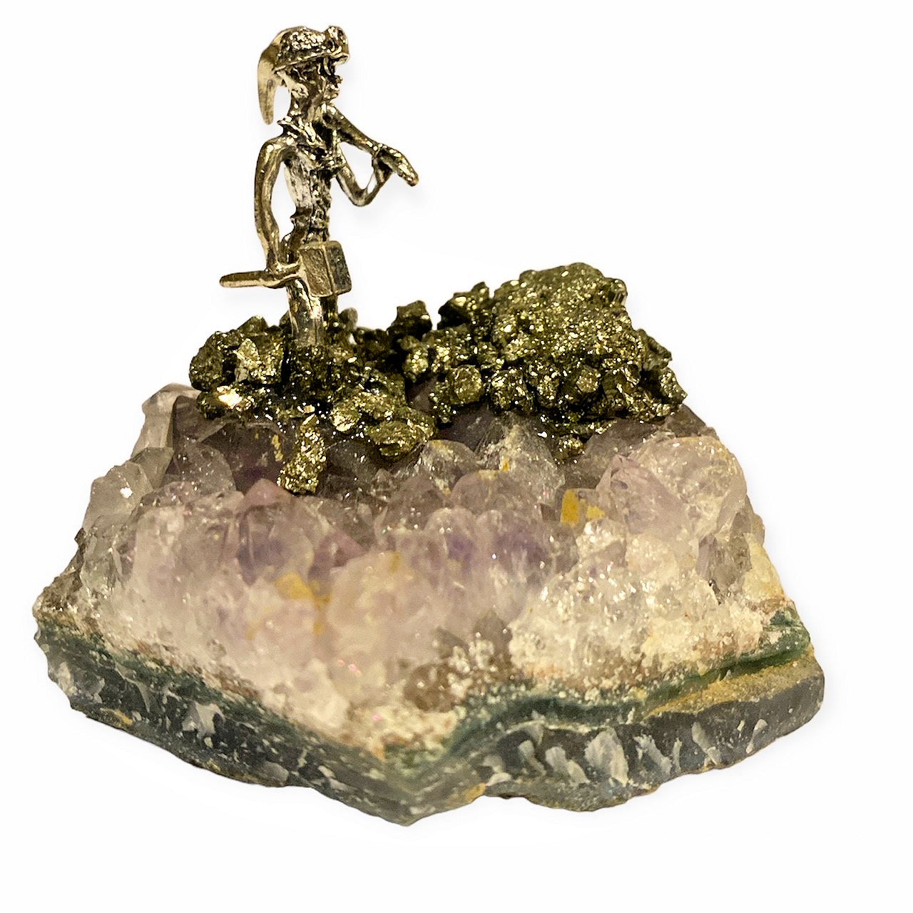 GOLD PANNERS & MINERS ON AMETHYST CLUSTER with Pyrite - 6.3 x 4.3 cm - China - NEW1122