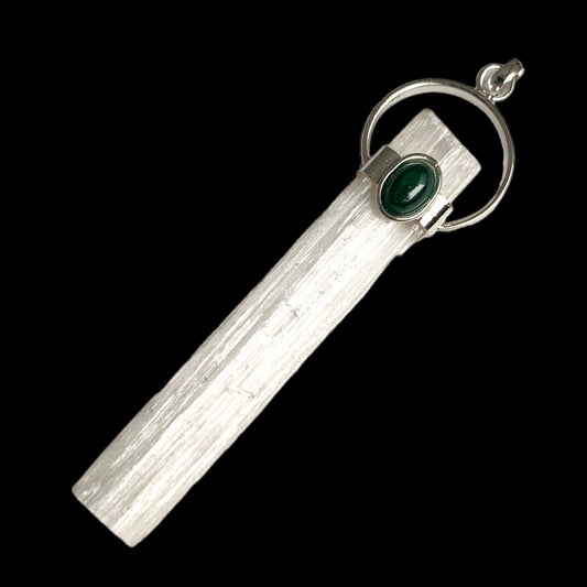 Raw Selenite With Malachite Pendant - 20g - India - NEW821