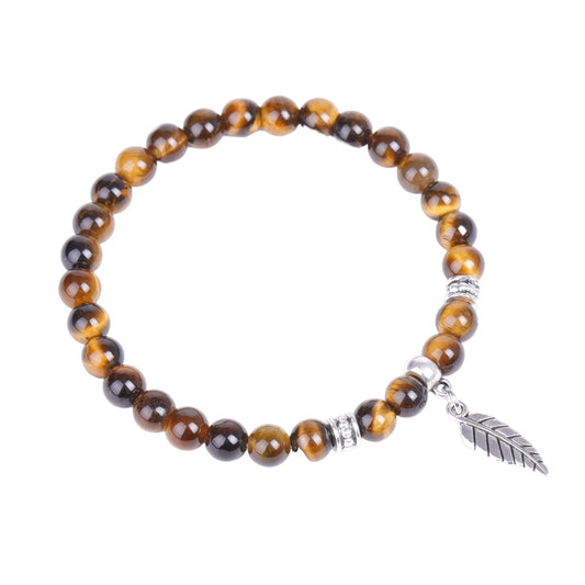 Tiger Eye Bracelet with Feather Charm - 6mm 7.5 Inch - NEW523