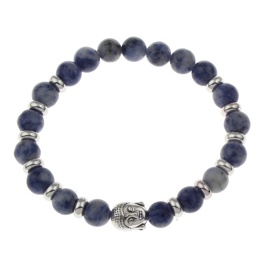 Poignet Mala, Sodalite avec alliage de zinc, Bouddha, plaqué couleur argent antique, bijoux bouddhistes, 157 mm env. 6 pouces