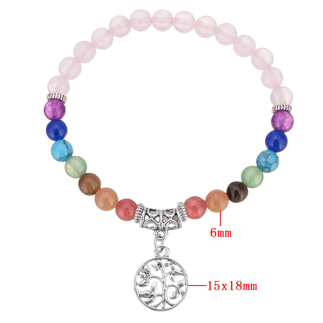 Bracelet en quartz rose avec pierres mélangées et breloque arbre de vie - Perles de 6 mm - Environ 8 pouces