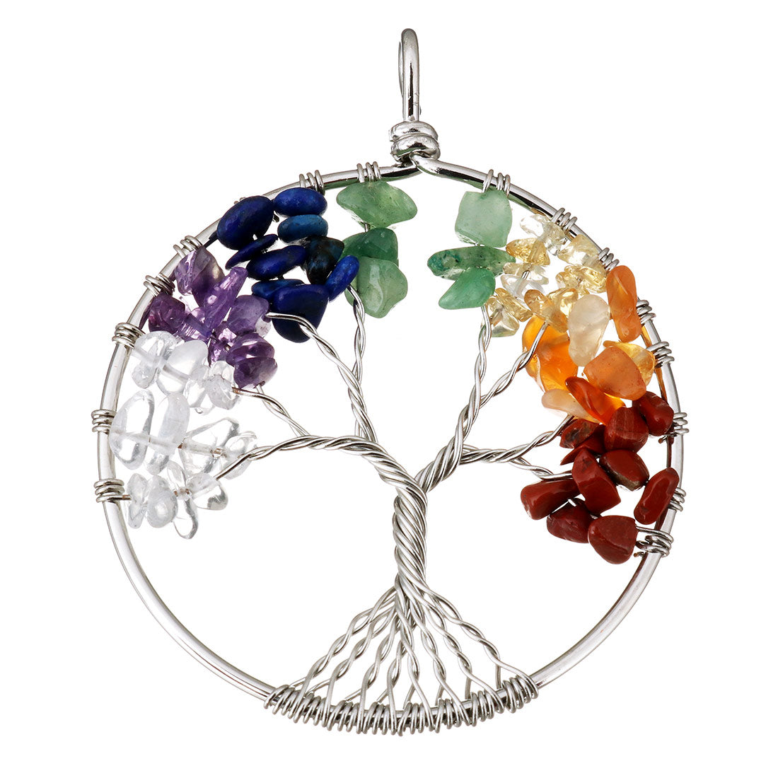 Pendentif Arbre de Vie en Pierres Précieuses Mixtes - Laiton - Plaqué - Rond - 50 x 62 x 7 mm