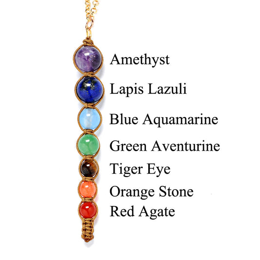 Chakra Gemstone Necklace Length 19.6 Inch - Amethyst Lapis Lazuli Blue Aquamarine, Green Aventurine Tiger Eye Orange Stone, Red Agate - NEW222