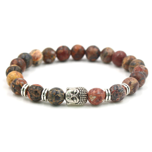 Bracelet en pierres précieuses en peau de léopard avec Bouddha - Longueur 8 mm 7,5 pouces