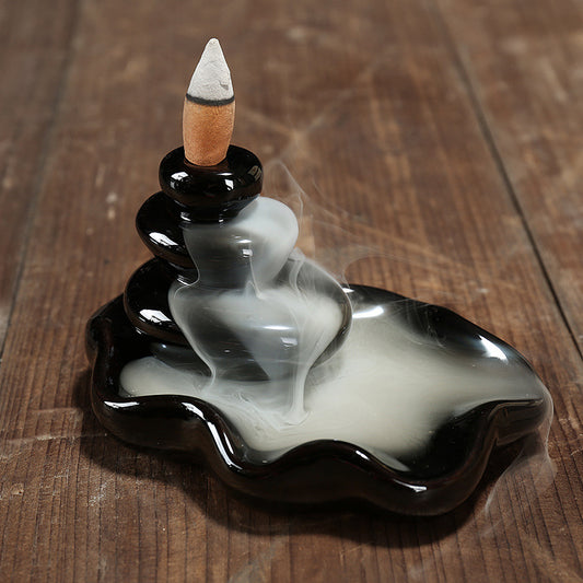 Porcelain Backflow Incense Holder - Black - 12x7cm - NEW920