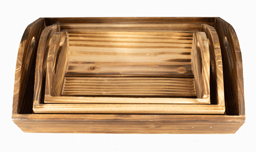 Set of 3 Brown Pine Wood Trays