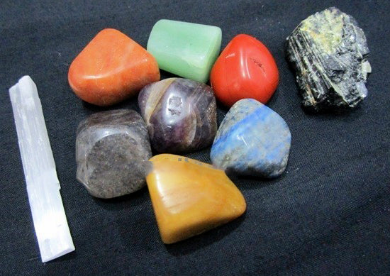 Seven Chakra Tumbled Stones with Selenite and BT Set of 9 - India - Red Jasper, Peach Aventurine, Yellow Jade, Green Aventurine, Blue Jade, Amethyst, Black Tourmaline Chunk - India