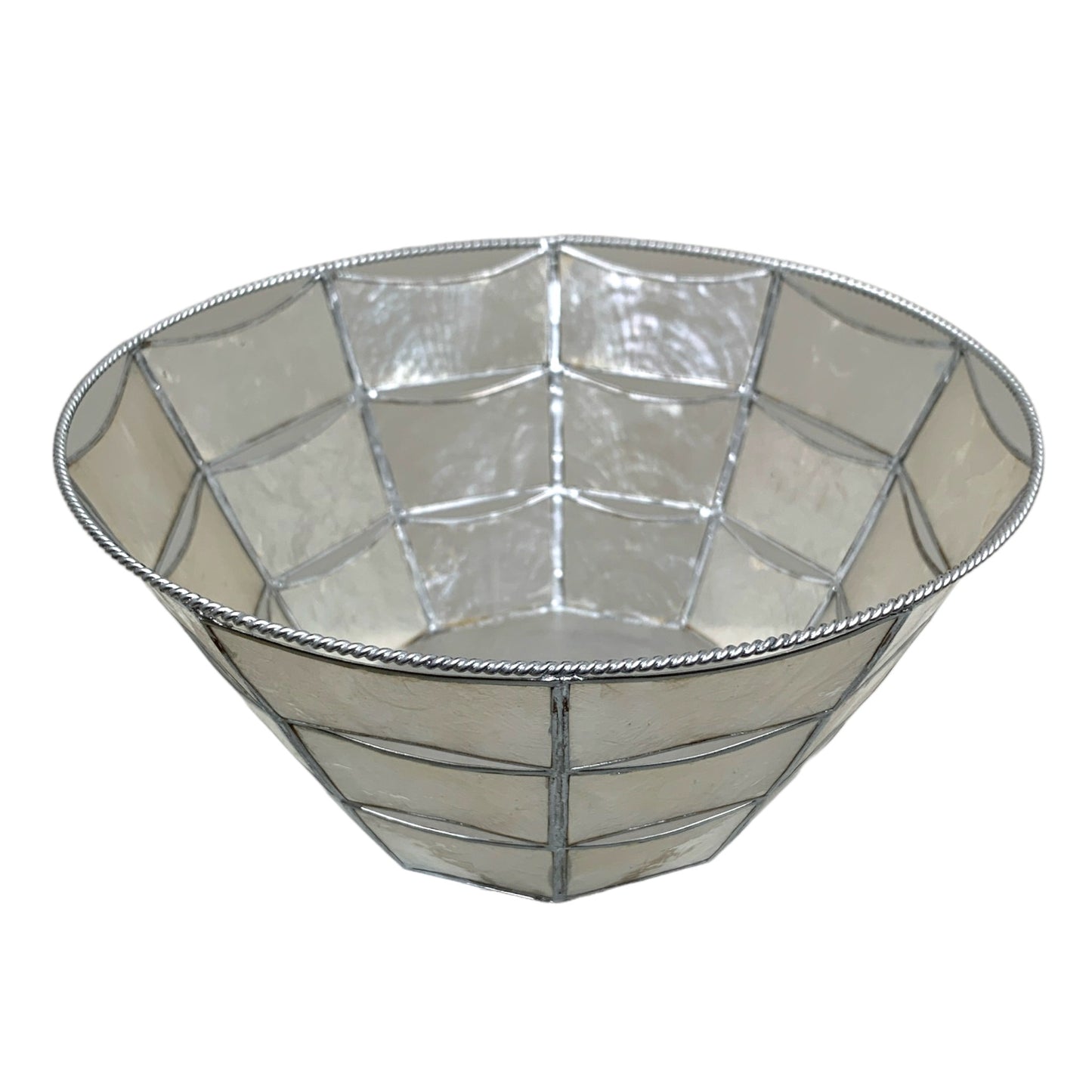 WHITE CAPIZ BASKET W/SILVER - ROUND 9 inch dia