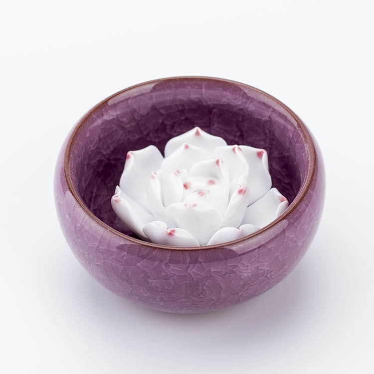 Round Porcelain Incense Burner - Purple - 35mm x 25mm - with inner Flower