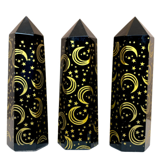 Black Obsidian with Gold Moon Engraving - Polished Points - 8- 12cm - Price per gram - China - NEW722