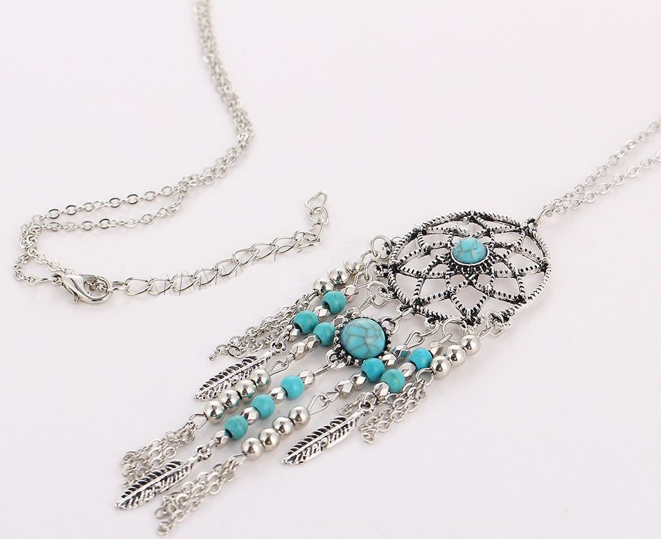 Dream Catcher Sweater Necklace - Synthetic Turquoise - Antique Silver Color Plated