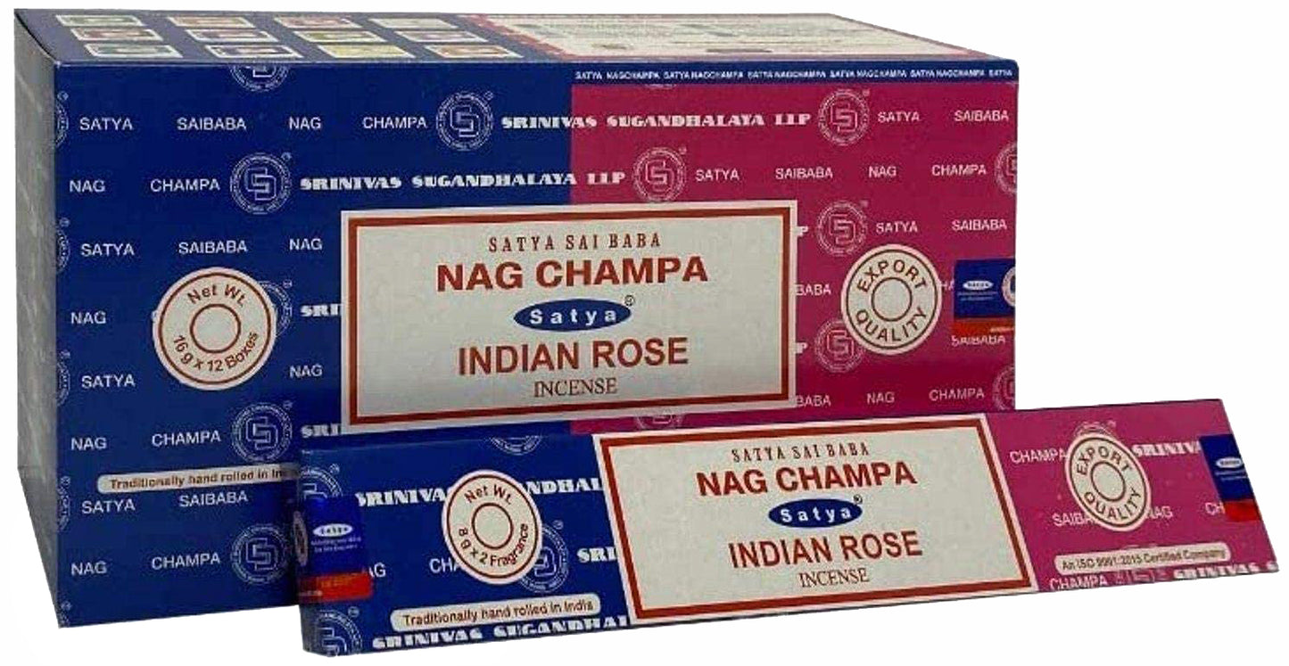 Satya Combo Series - Indian Rose & Nag Champa Incense - Box of 12 Packs Each pack contains 8gms of each scent - 16g NEW421