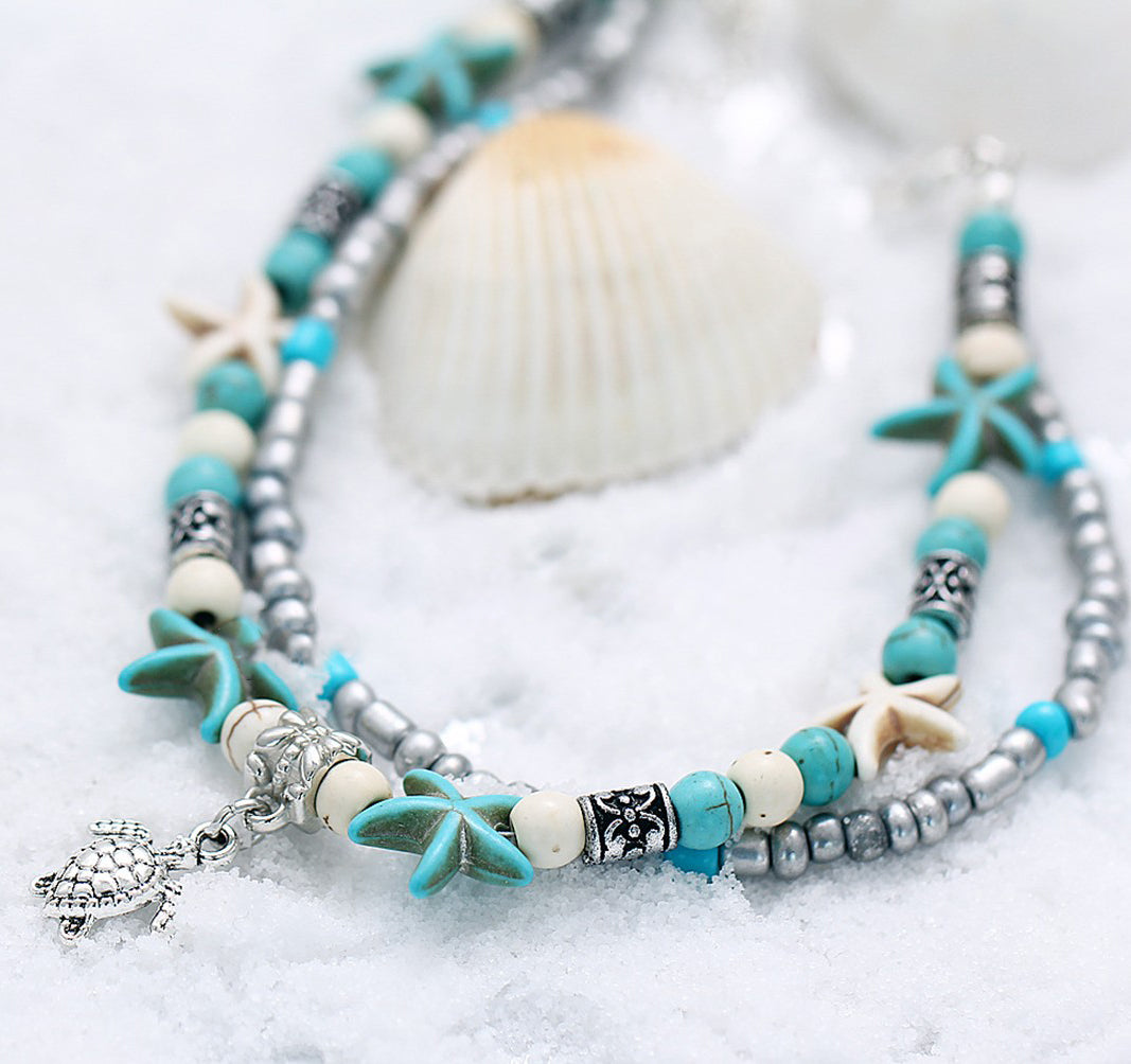 Bracelet de cheville étoile de mer tortue pour femme, avec turquoise synthétique, avec chaîne d'extension de 2,3 pouces plaquée 11 mm 9,2 pouces