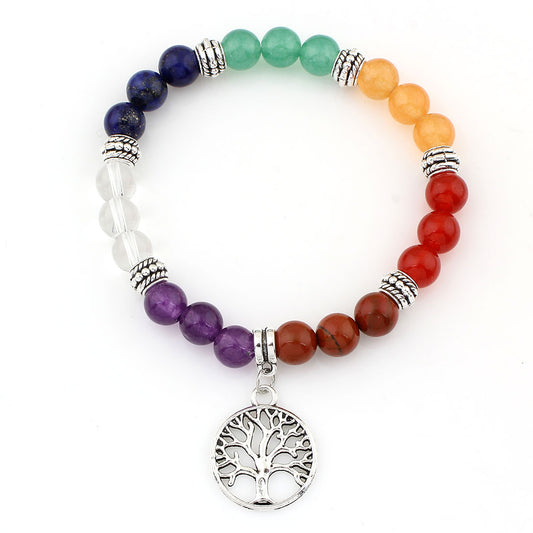 Bracelet en pierres précieuses multicolores - Breloque arbre de vie - Plaqué couleur argent - Longueur 7,5 pouces