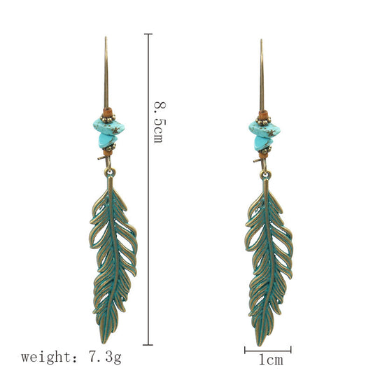 Antiqued Bronze Leaf Earrings with Synthetic Turquoise & Wood Hooks - Zinc Alloy Lead & Cadmium Free - Size 10x85mm