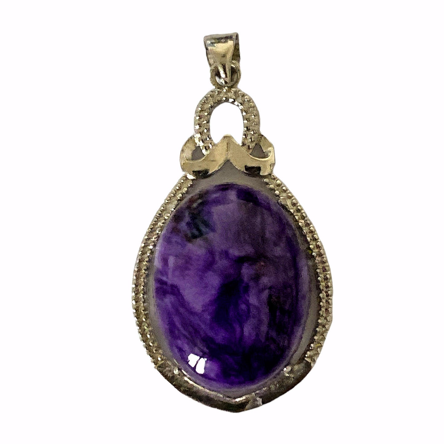 Pendentif Ovale Charoite - Métal Plaqué Couleur Argent - 40x20x10mm - Chine - NEW922