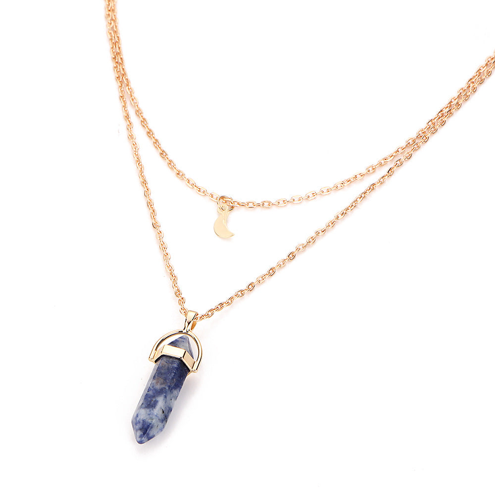 Royal Blue Gold Stone Pendant 30mm on Moon Necklace Double layer chain - NEW222