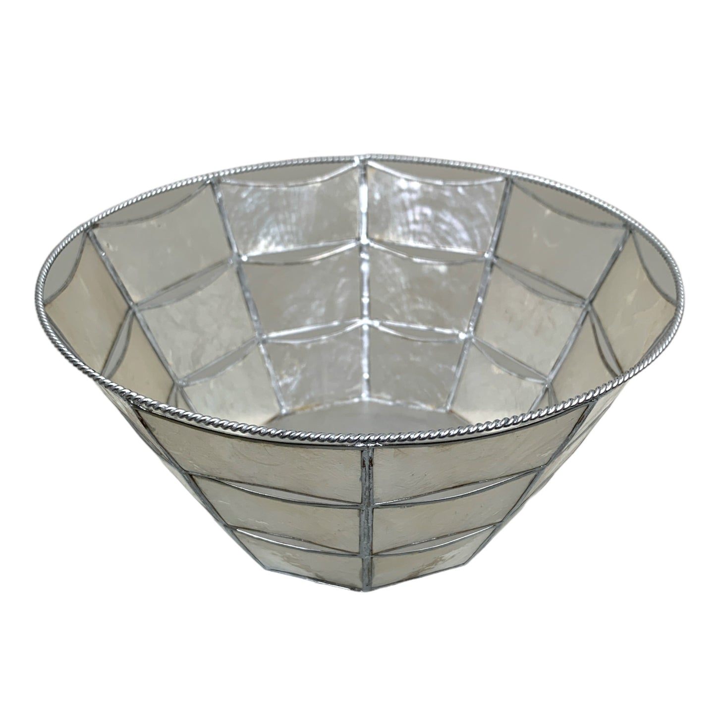 WHITE CAPIZ BASKET W/SILVER - ROUND 10 inch dia