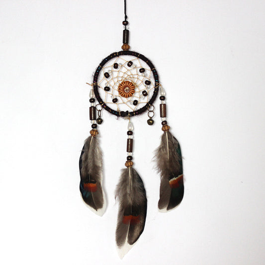 Dream Catcher with Velveteen & Feather & Wood, handmade Brown 40x7cm - NEW1220