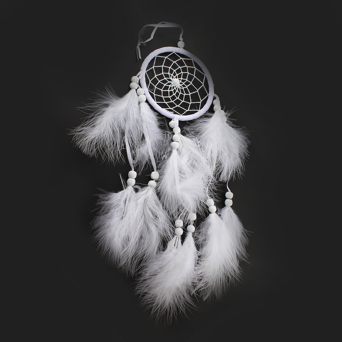 Fashion Dream Catcher - Feathers, Velveteen Cord, Polyester Cord, & Glass Seed Beads - White